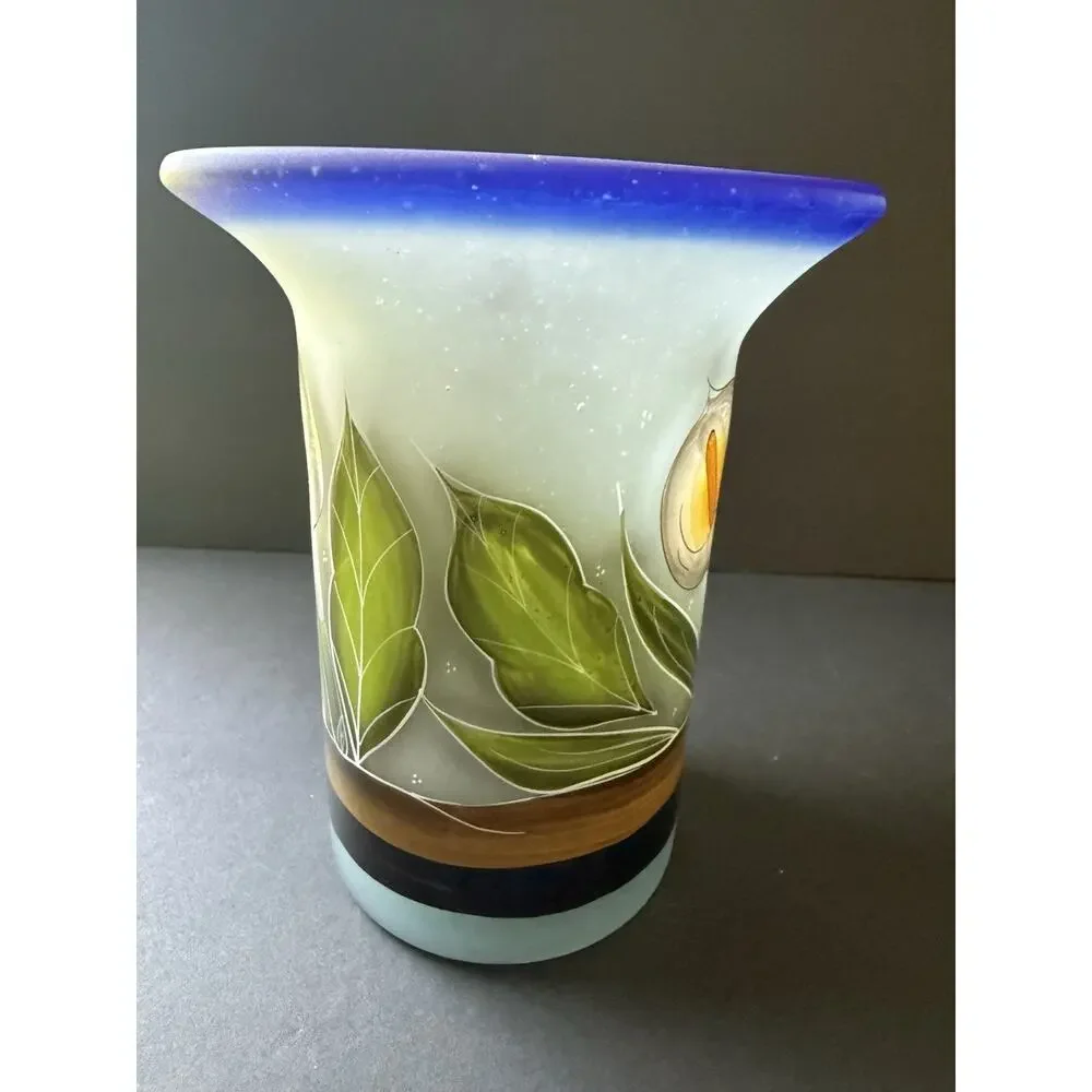 Vintage Hand Blown Mexican Glass Calla Lilly Vase Handpainted Artisan Whimsy